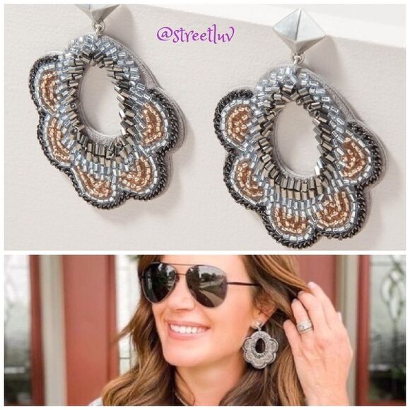 stella & dot ~ gray dove statement earrings ~ intricate beaded - Picture 1 of 5